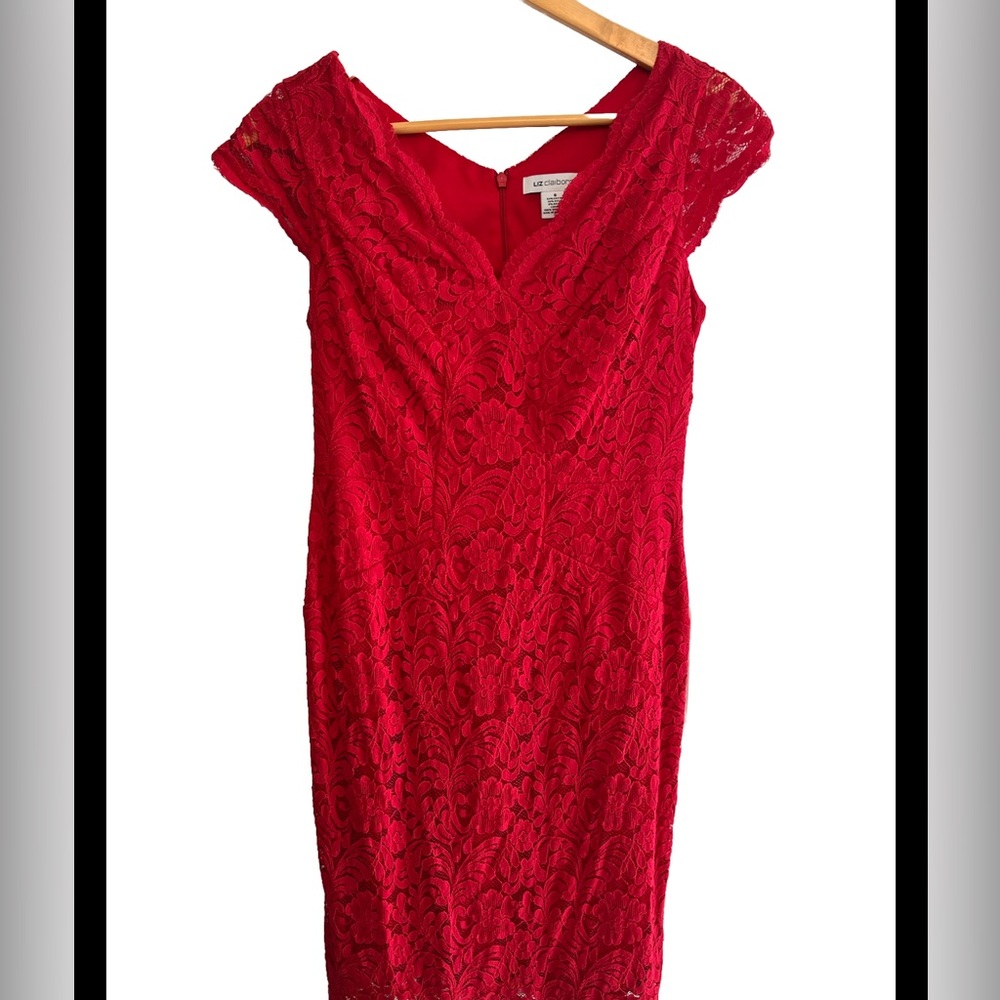Liz Claiborne Dress Womens 6 Red Floral Lace Overlay